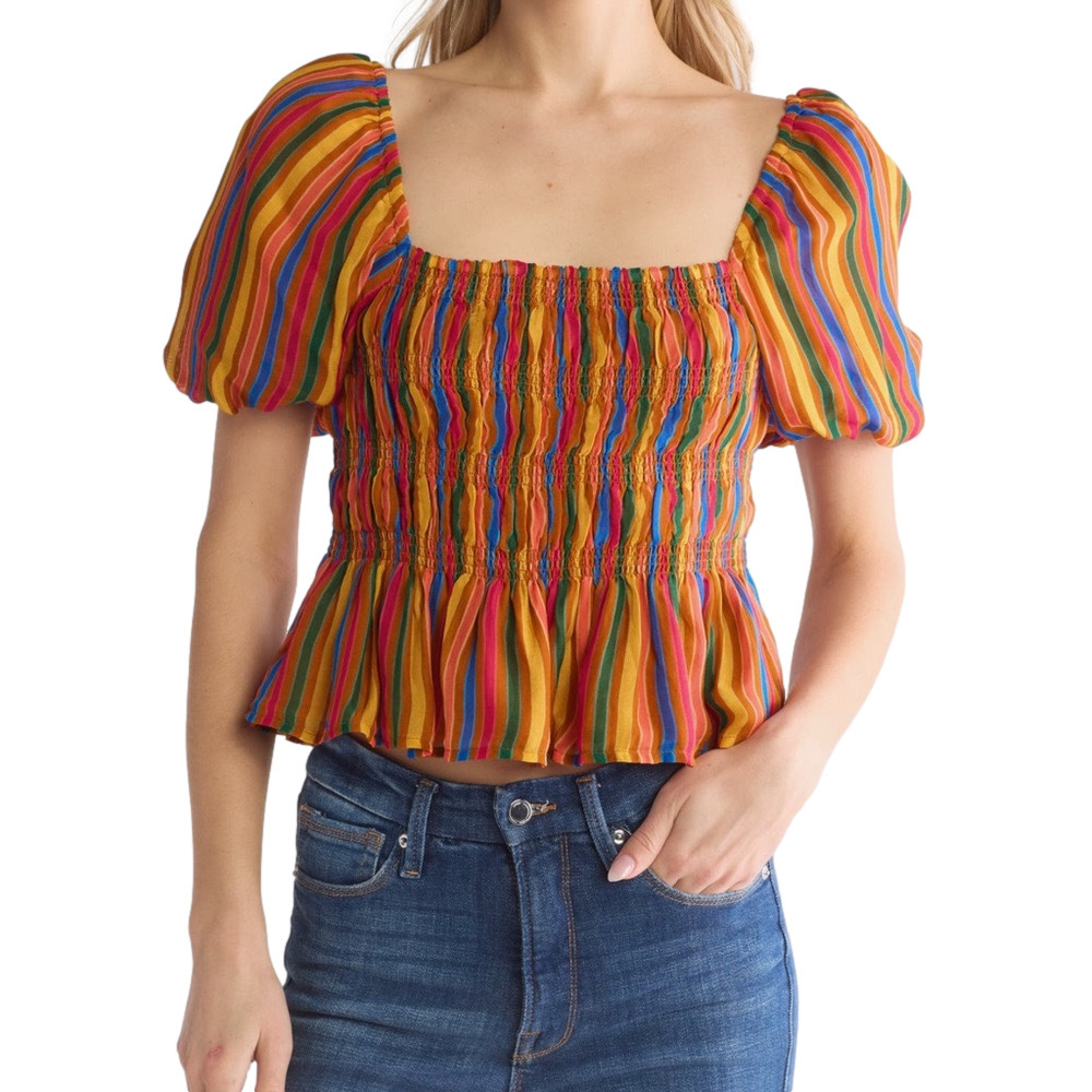 NWT MOTHER The Hey Now Stripe Top Women’s Size L Colorful Rainbow 100% Viscose